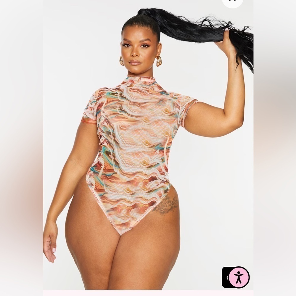PLUS Brown Marble Print Short Sleeve Mesh Bodysuit